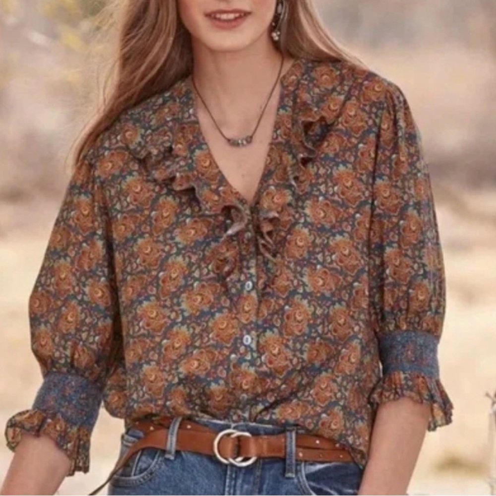 Sundance Jeanie Blue Ruffle Floral Blouse Paisley Print PXS